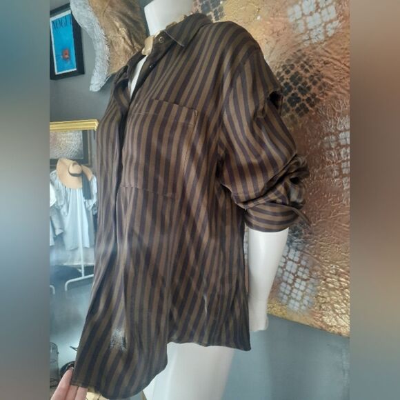 Zara Nwt Striped Satin Button Down Shirt - Picture 7 of 15
